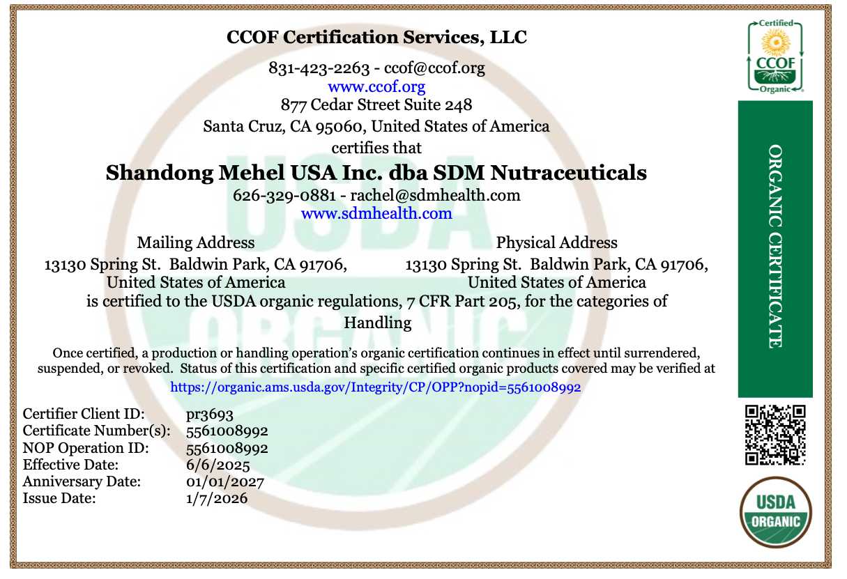 CCOF Organic Certification badge for SDM Nutraceuticals Royal Jelly