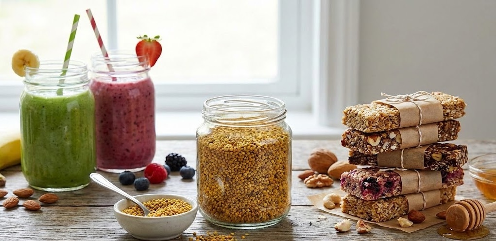 Bee pollen smoothies and energy bars